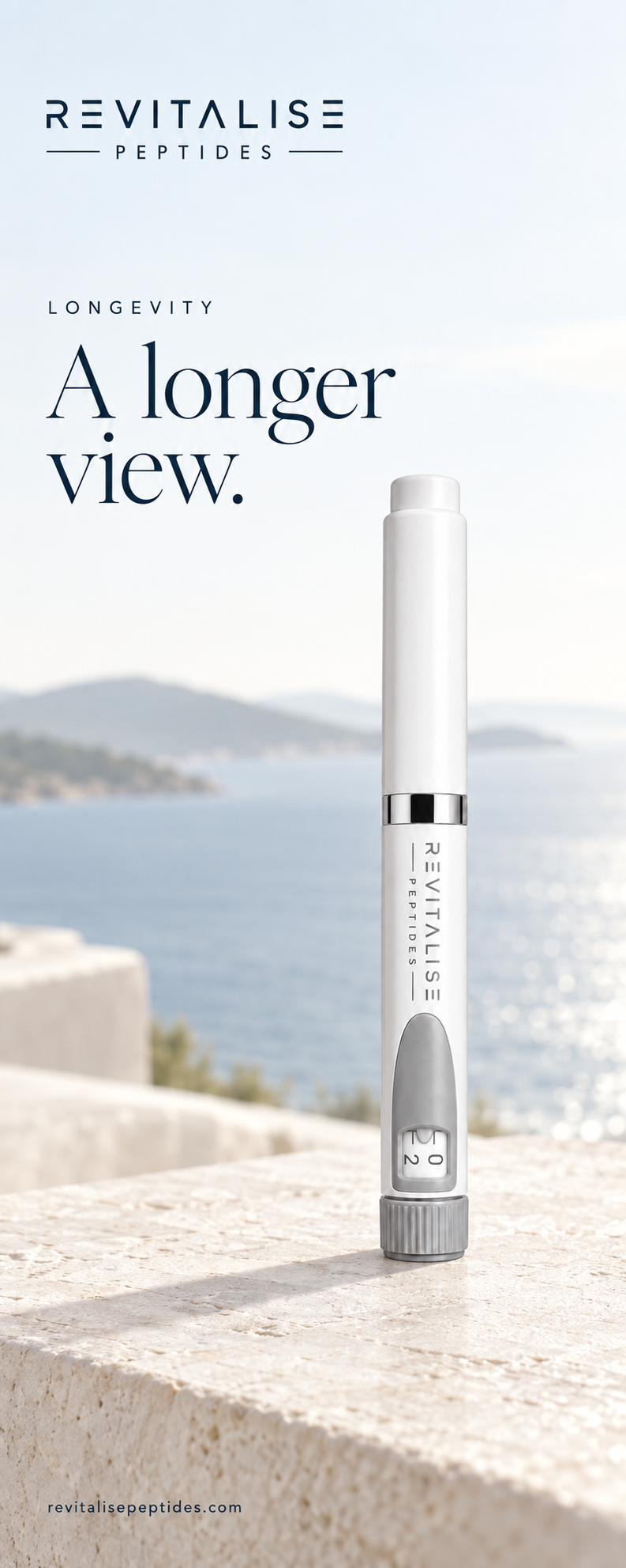 Revitalise Longevity poster with a white pen against a coastal backdrop