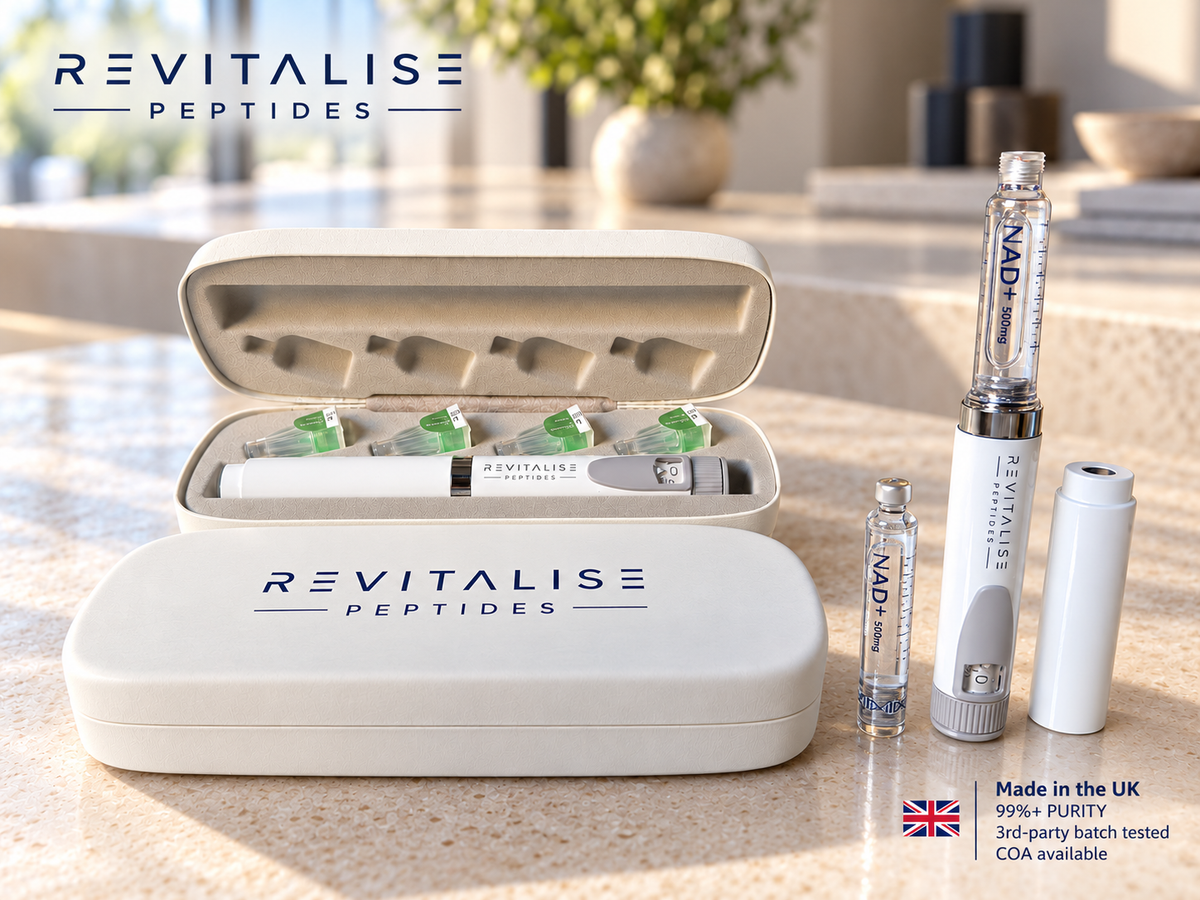 Revitalise NAD+ 500mg pen set with white case and cartridges