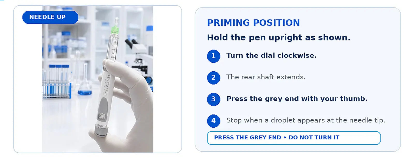 Prime the pen upright in a laboratory with a gloved hand