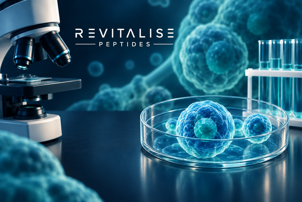 Revitalise Peptides logo above a navy-and-teal laboratory illustration with a microscope and conceptual cells.
