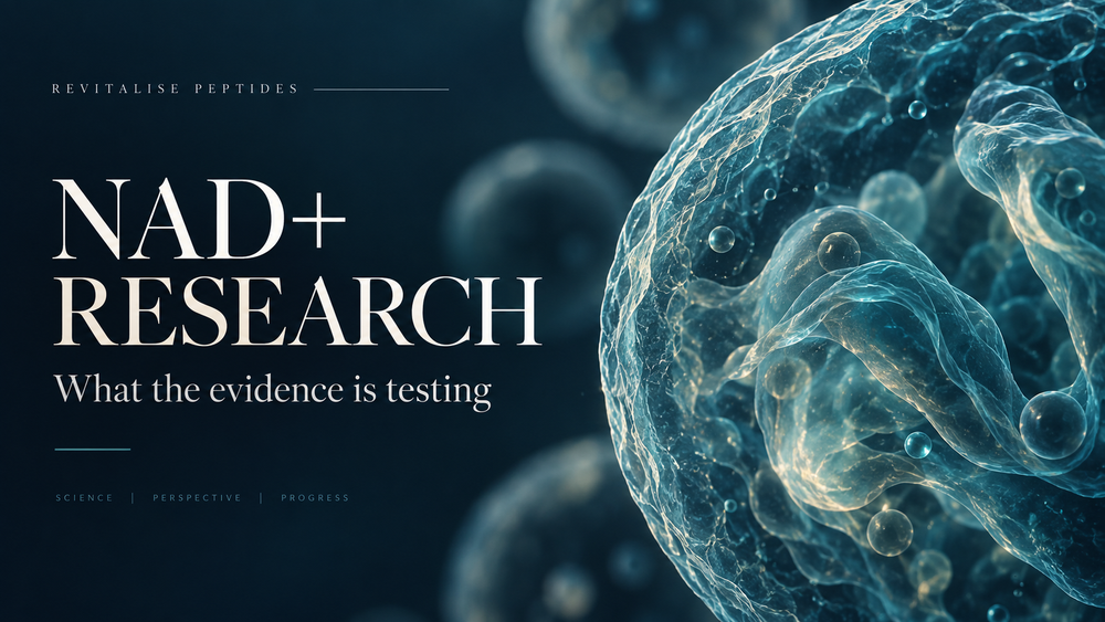 NAD+ research editorial illustration with teal cellular imagery and the title “What the evidence is testing”.
