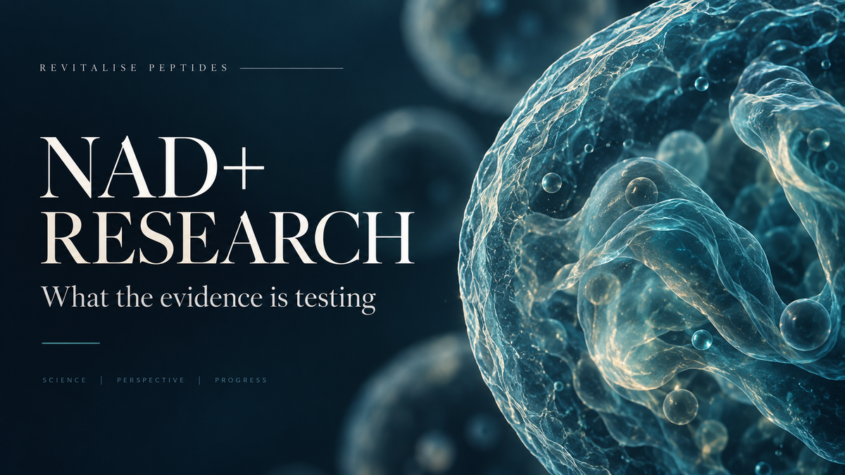 NAD+ research editorial illustration with teal cellular imagery and the title “What the evidence is testing”.