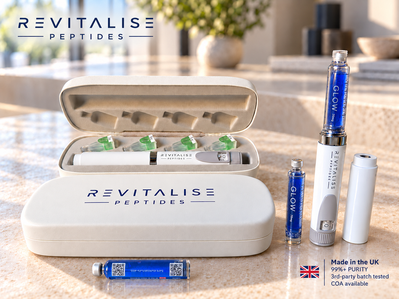 Revitalise GLOW 70mg pen set with white case and blue cartridges