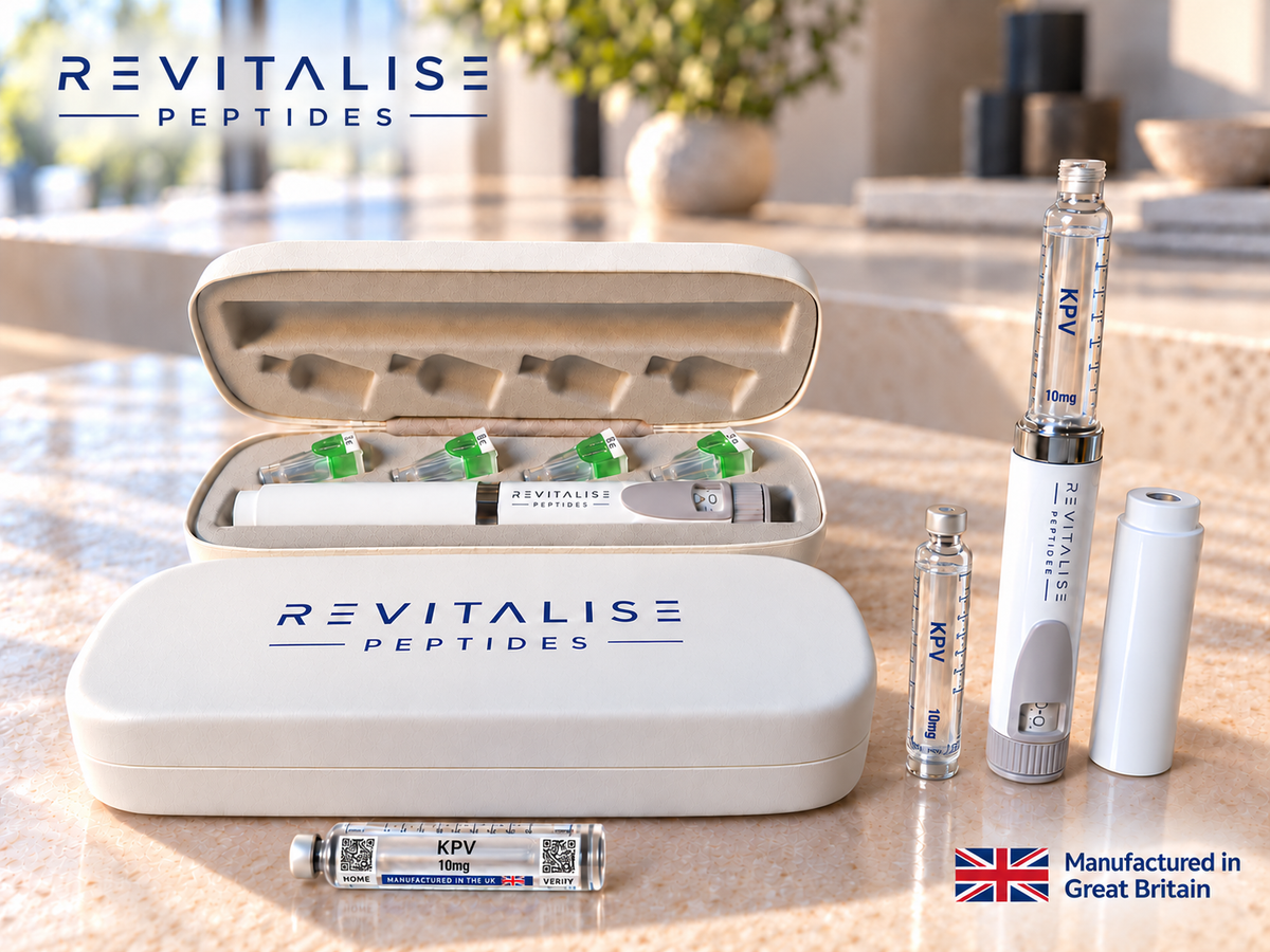 Revitalise KPV 10mg pen set with transparent colourless liquid