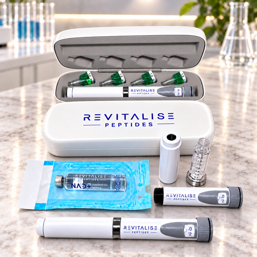 NAD+ 500mg Pen Set + Extra Refill Welcome Bundle on a marble laboratory counter