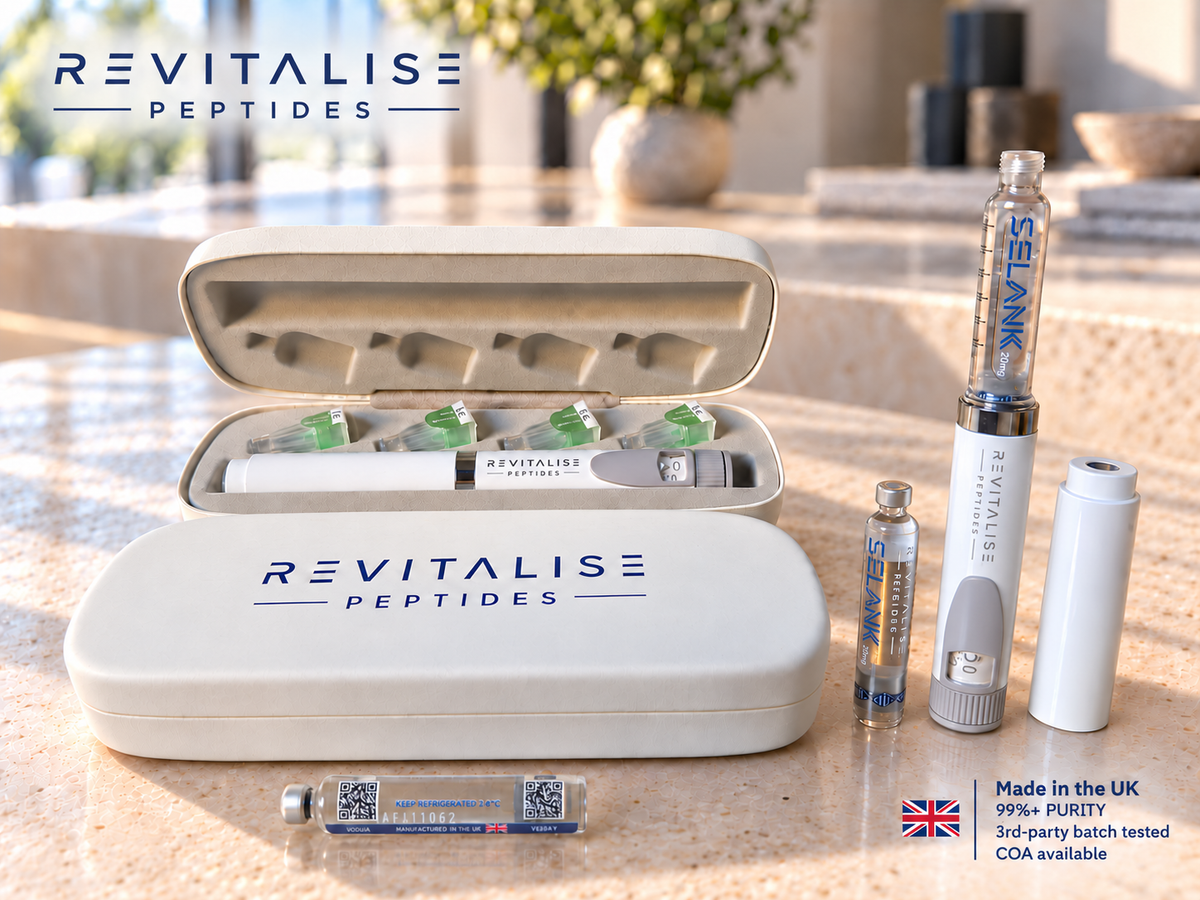 Revitalise Selank 20mg pen set with white case and cartridges