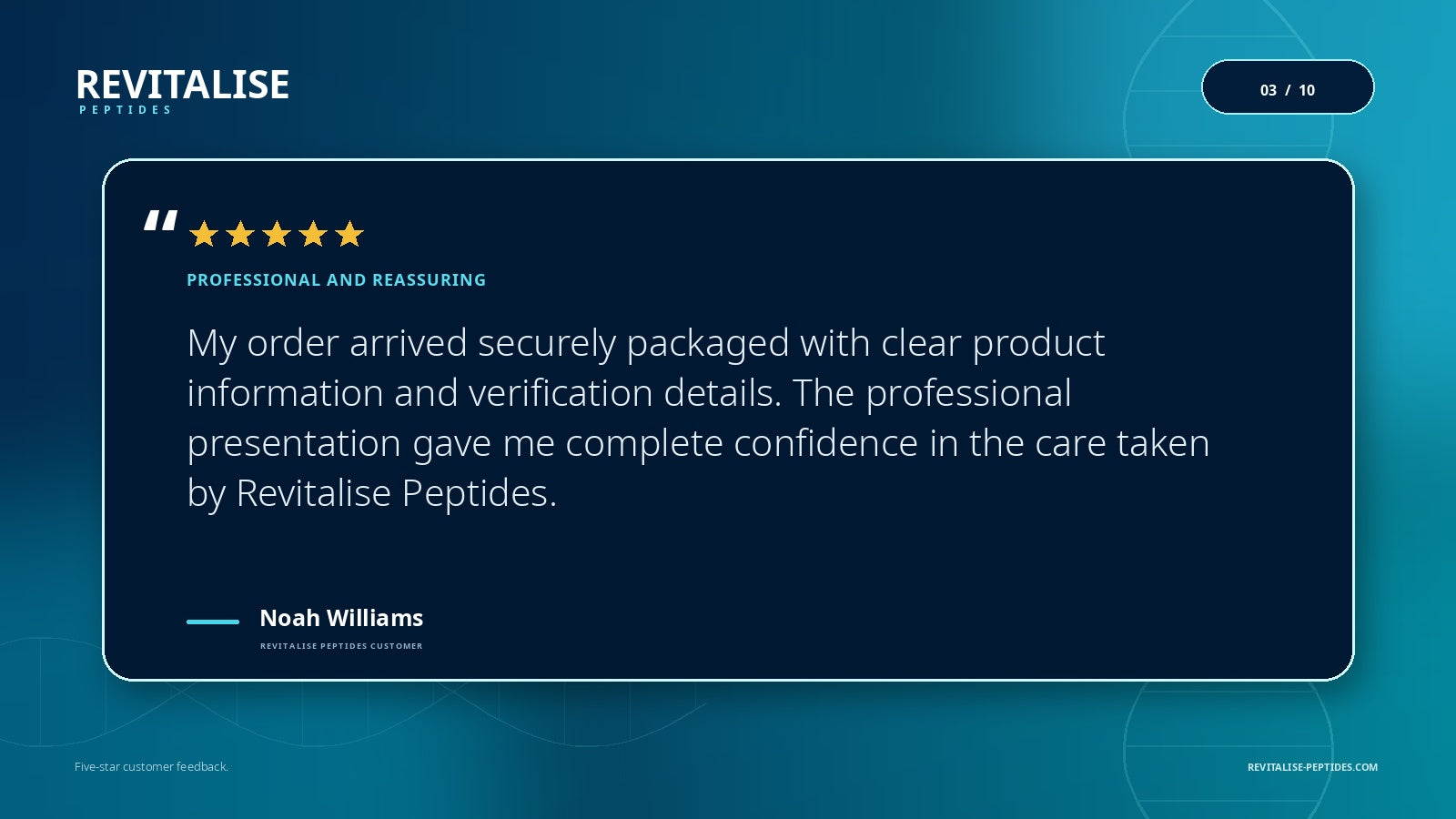 Five-star Revitalise Peptides testimonial from Noah Williams