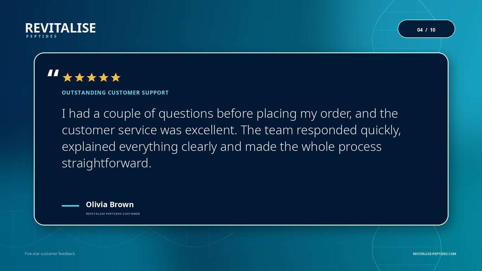 Five-star Revitalise Peptides testimonial from Olivia Brown