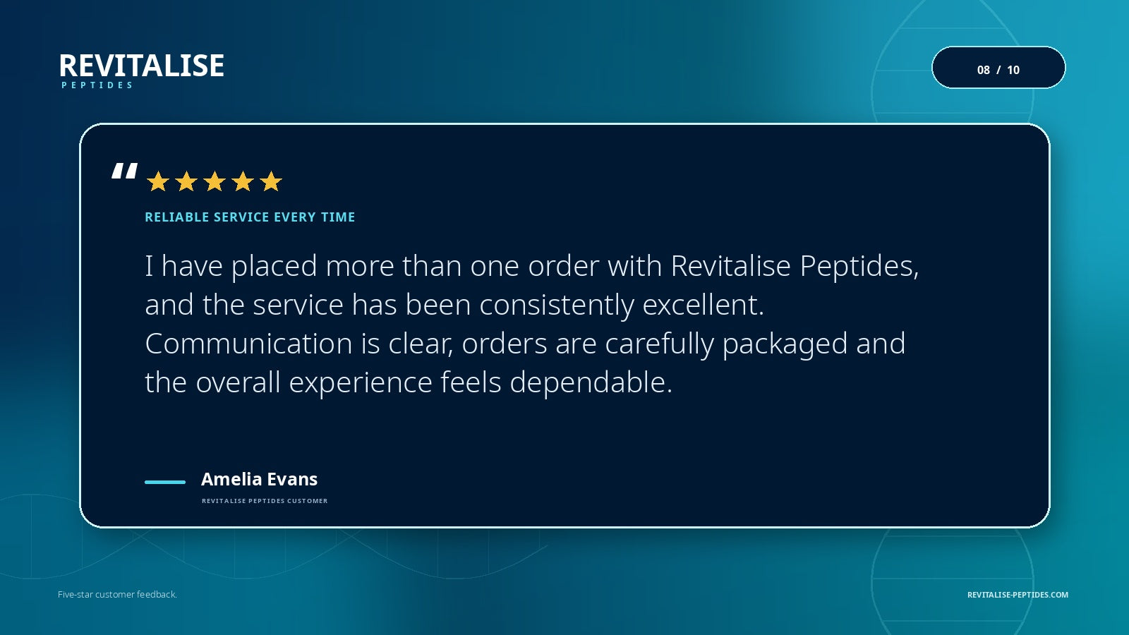 Five-star Revitalise Peptides testimonial from Amelia Evans