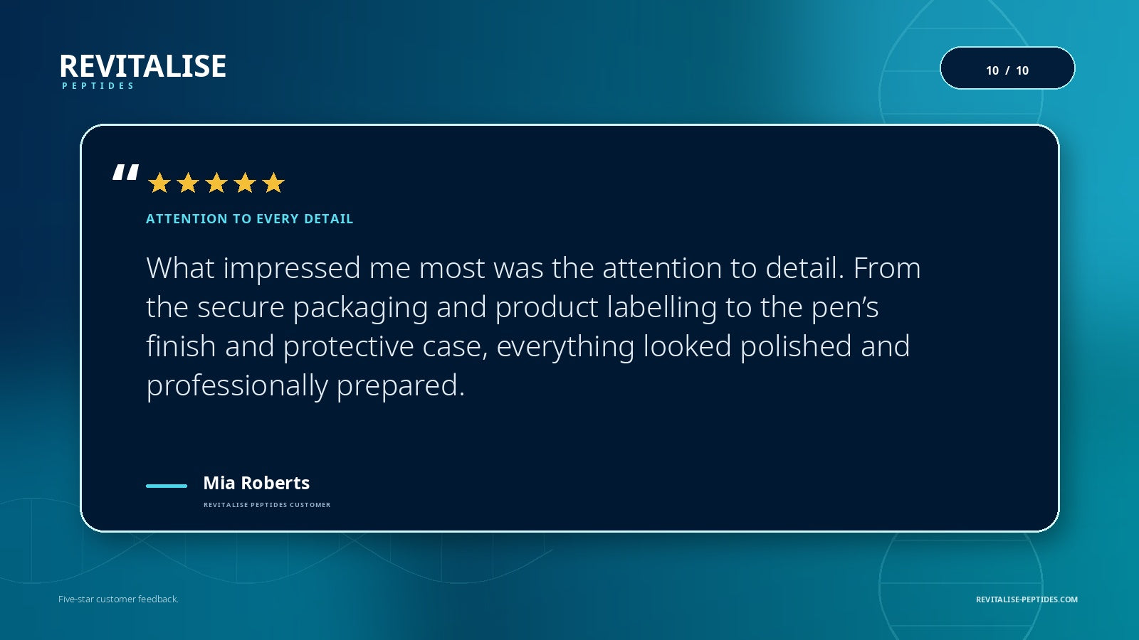 Five-star Revitalise Peptides testimonial from Mia Roberts
